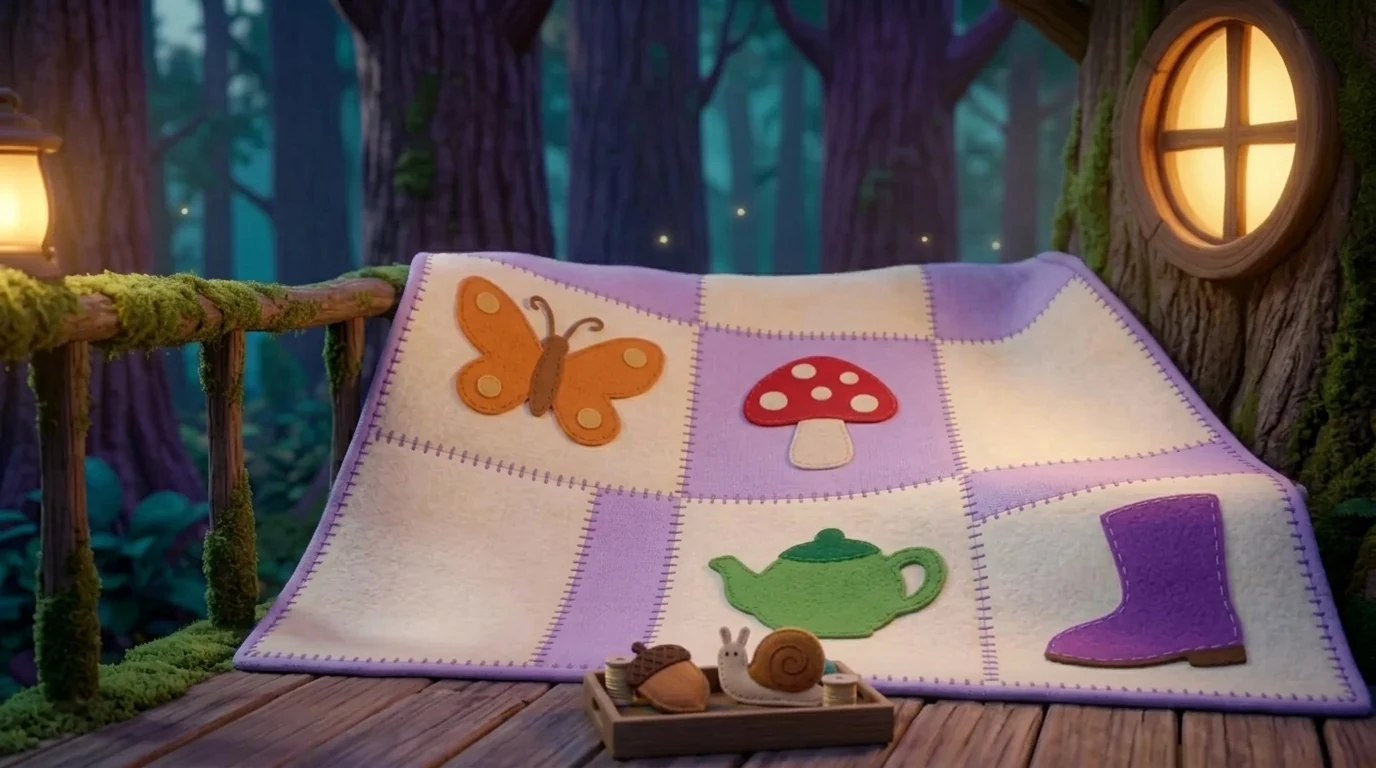 Felt patchwork quilt spread over the treehouse porch with butterfly, mushroom, teapot and boot patches