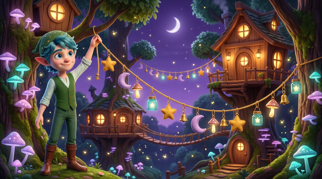 Melo hanging a long garland of glowing charms between two tree houses in the Kittelfdora village at dusk