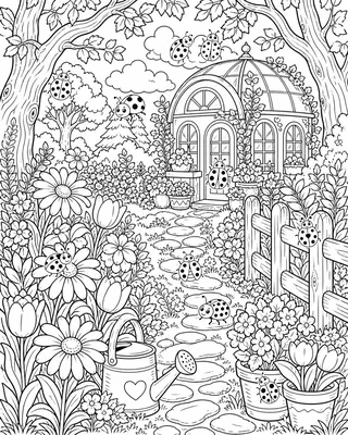 A black-and-white flower garden with a tree house, a gate, a bench, a pond, and ten hidden ladybugs