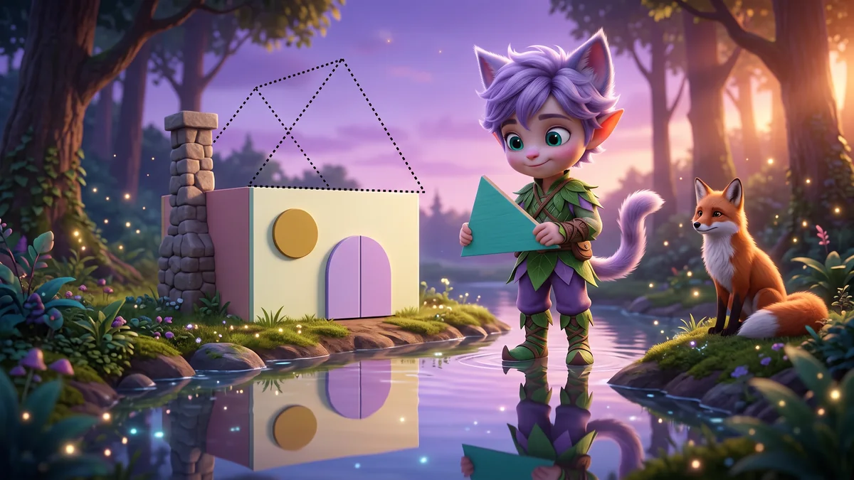 Ori by a creek, holding a roof triangle beside a half-built house of flat shapes, the house showing in the water, and a fox watching.