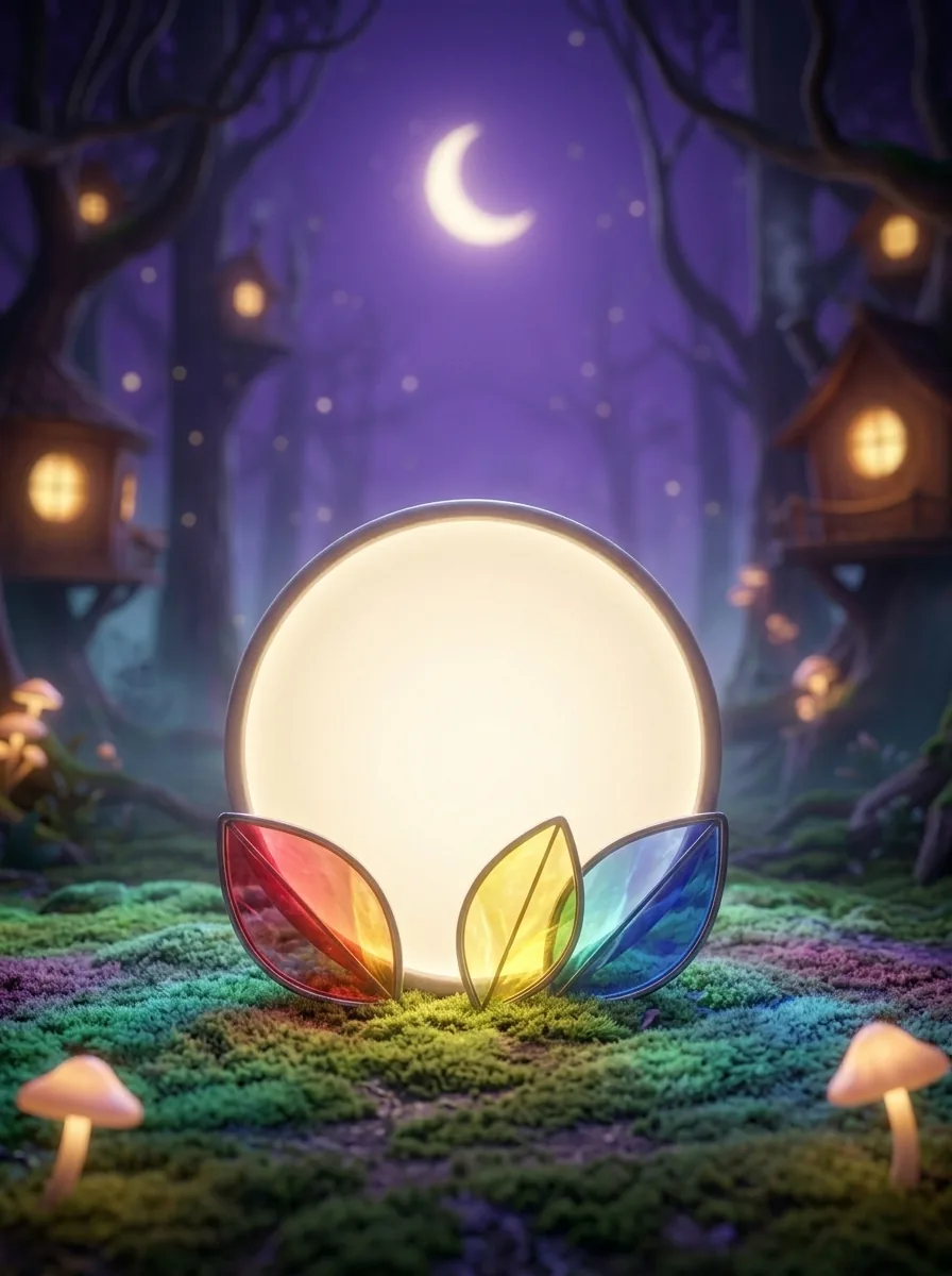 The glowing moon-disc on the moss, with red, yellow and blue glass petals leaning against it