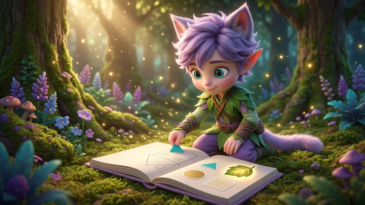 Ori on the forest floor, pressing a teal roof sticker onto the open page of a pale purple sticker book.