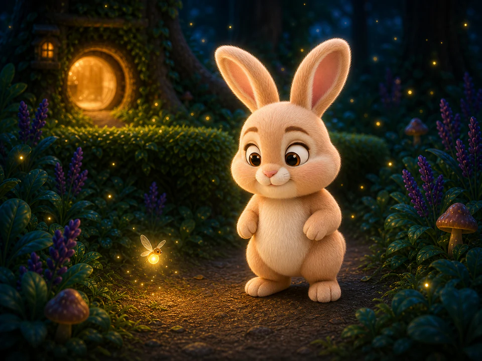 Clover the rabbit following a glowing firefly toward a warm forest door.