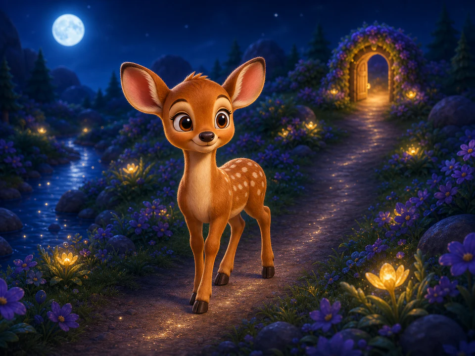 Dewdrop the fawn on a path through a moonlit meadow, purple flowers and a small stream beside him, a flowered doorway glowing warm yellow up ahead.