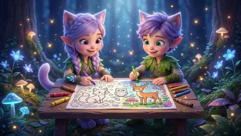 Miri and Ori coloring a page together at a forest table