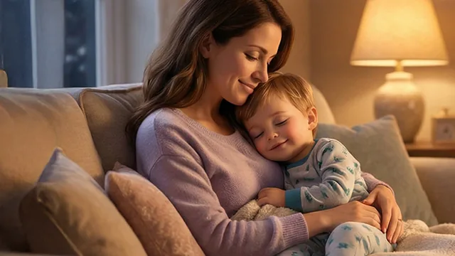 A mom reading with her child in a cozy evening armchair