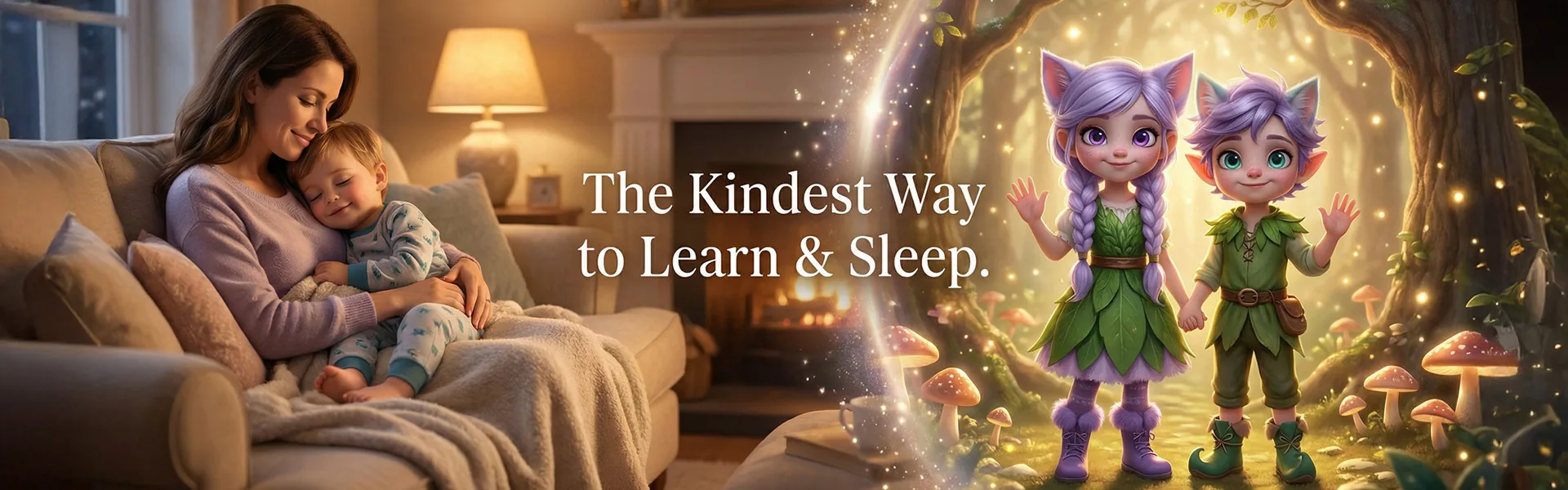 A mom cuddles her sleepy child in a cozy armchair while Miri and Ori wave from the magical forest. The kindest way to learn and sleep.