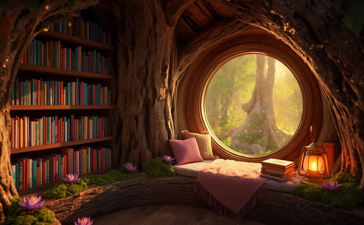 A reading nook carved into a hollow forest tree, its shelves full of colorful picture books, with a cushioned window seat and a lit lantern.