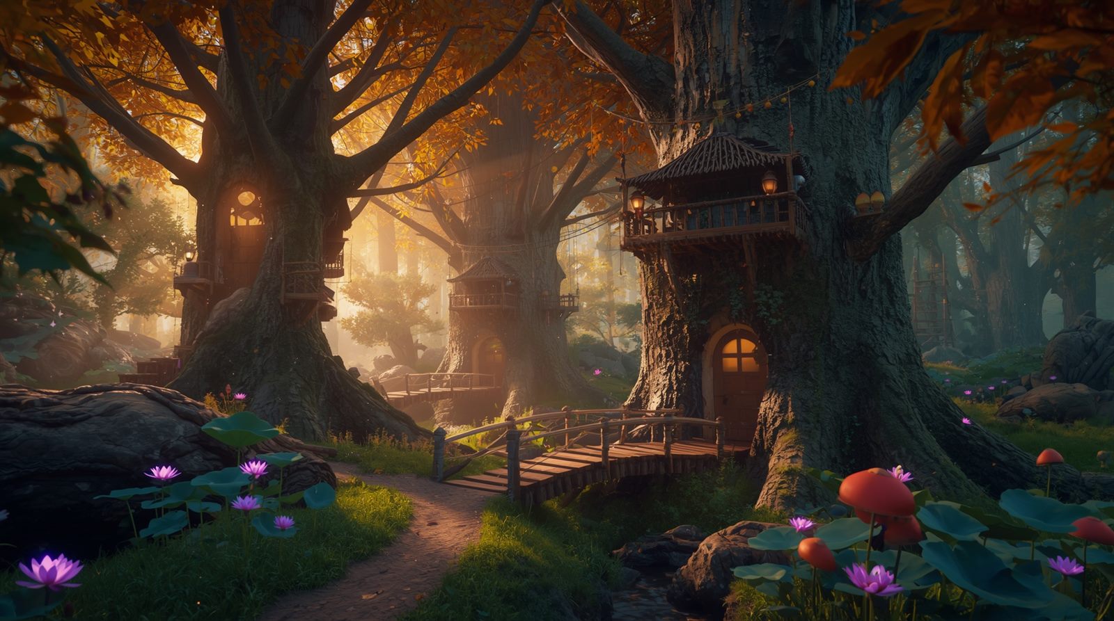 A magical forest village at the turn of late summer, tree houses built into giant mossy trunks, the first leaves turning amber, a wooden bridge over a brook.