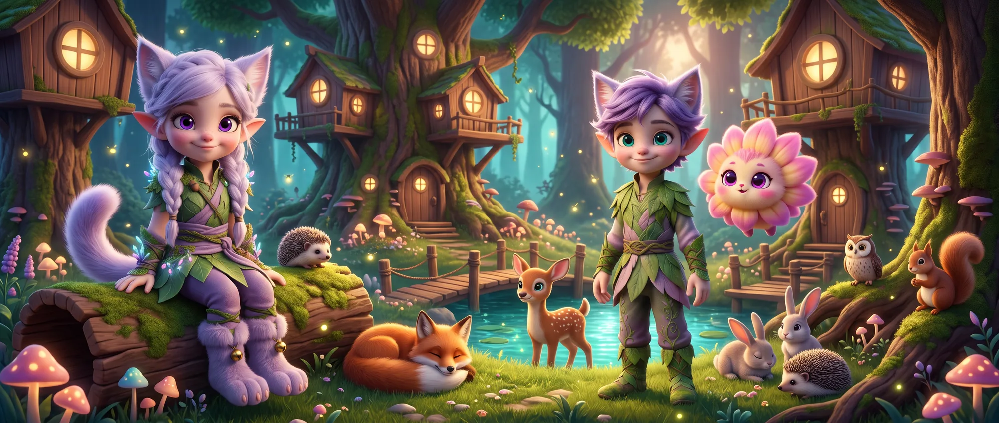 A forest at dusk in violet and turquoise: on both sides, wooden houses built into giant trees with their windows glowing warm yellow, and in the middle a still, shimmering turquoise pool with a small wooden bridge over it. On the left Miri sits on a mossy log: lilac hair in two braids, violet eyes, furry lilac cat ears and pointed elf ears, a green leaf tunic, purple leggings, a long fluffy tail and purple cat feet boots with little bells. In the middle right stands Ori, messy lilac hair and turquoise eyes, and beside him Petal floats with pink and yellow petal fur and big violet eyes. In front a fox sleeps, a spotted fawn stands in the middle, and there are two rabbits, two hedgehogs, an owl on a branch and a squirrel. Glowing pink, violet and turquoise mushrooms all around, fireflies in the air.