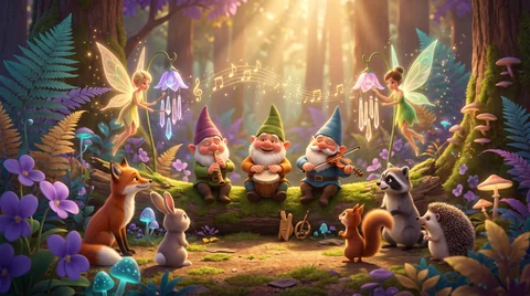 Fairies playing tiny instruments while gnomes and forest animals, a fox, a rabbit, a squirrel and a hedgehog, sit and listen together among violet flowers.