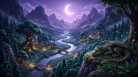 The valley by moonlight: a crescent moon over violet mountains, a silver river winding below and a sleeping dragon curled on the rocks.