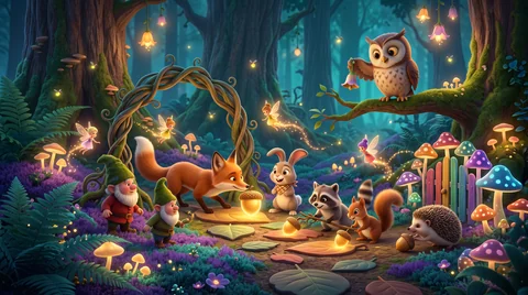 An owl telling a story from a branch while a fox, a rabbit, a squirrel and a hedgehog listen from a mushroom clearing lit by lanterns.