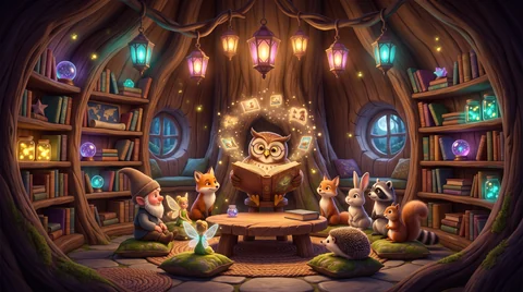 A library inside a hollow tree: curved shelves full of books, round windows, hanging lanterns, and a wise owl reading to gnomes and small animals gathered at a table.