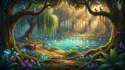A quiet pond under trailing willow branches with warm sunbeams coming through the leaves, lily pads on the water and a small wooden walkway along the bank.