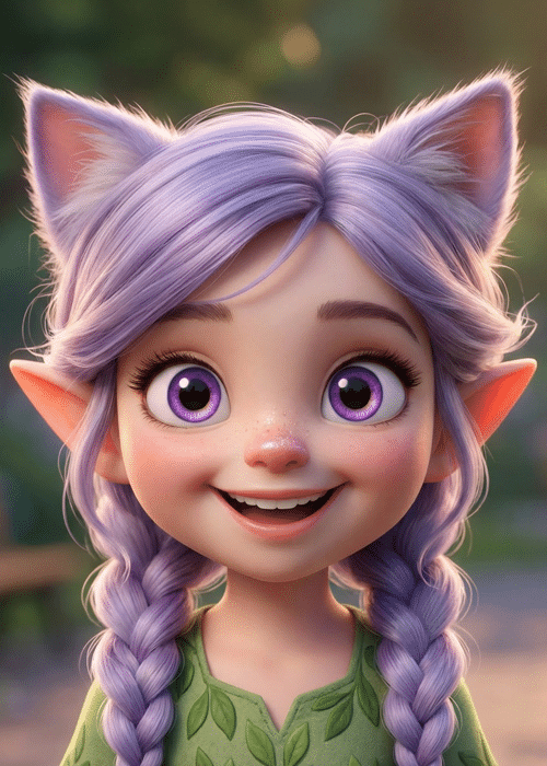 Miri, a smiling elfcat girl with lilac braids and violet eyes