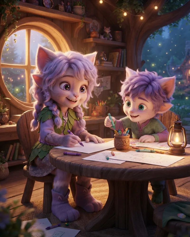Miri and Ori coloring together at a round wooden table inside their cozy tree house, crayons scattered around them