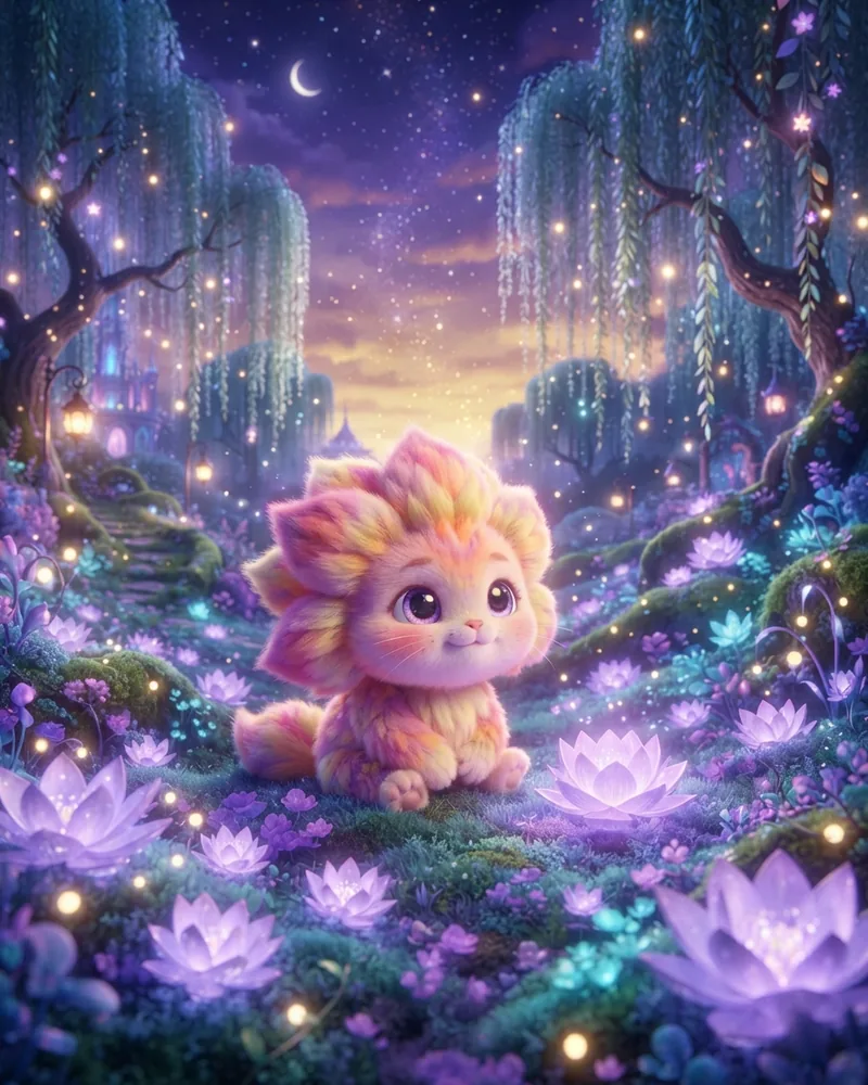 Puffpetal, a small round creature with pink and yellow petal fur, sitting among glowing feeling-flowers in the Slow Garden at twilight