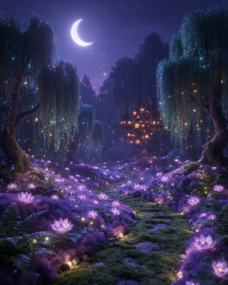 The Slow Garden at dusk, dim and calm, with softly glowing lotus flowers, willow trees, and a crescent moon