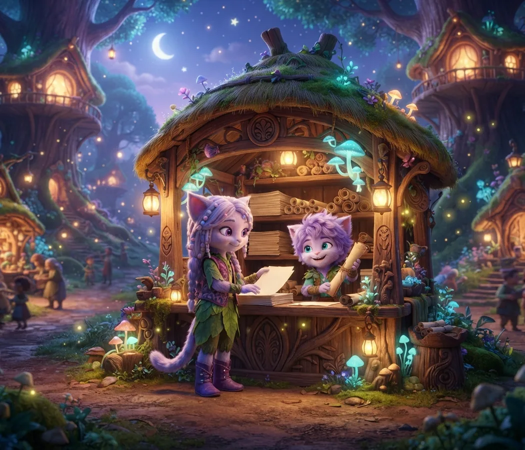 Miri and Ori at a cozy wooden market stand in Kittelfdora Village at evening, arranging rolled paper prints under warm lantern light