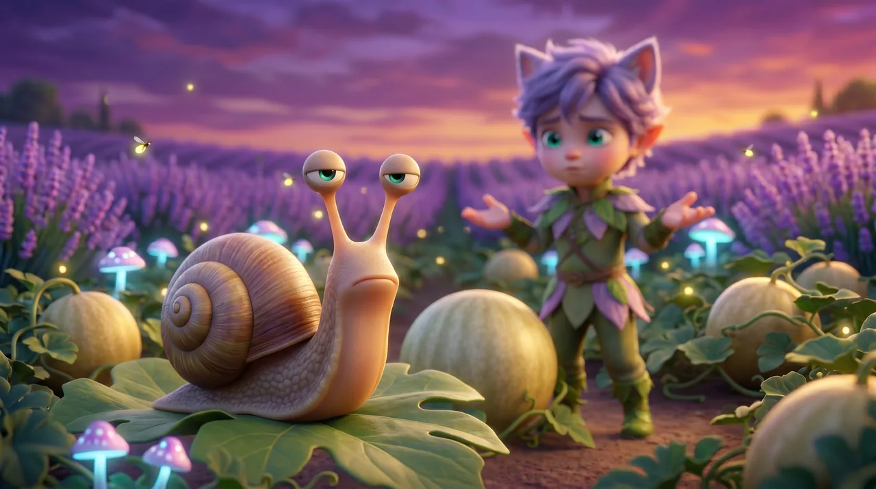 A little snail sits on a leaf and stares back, deadpan, while Ori shrugs helplessly behind it in the moonmelon field.
