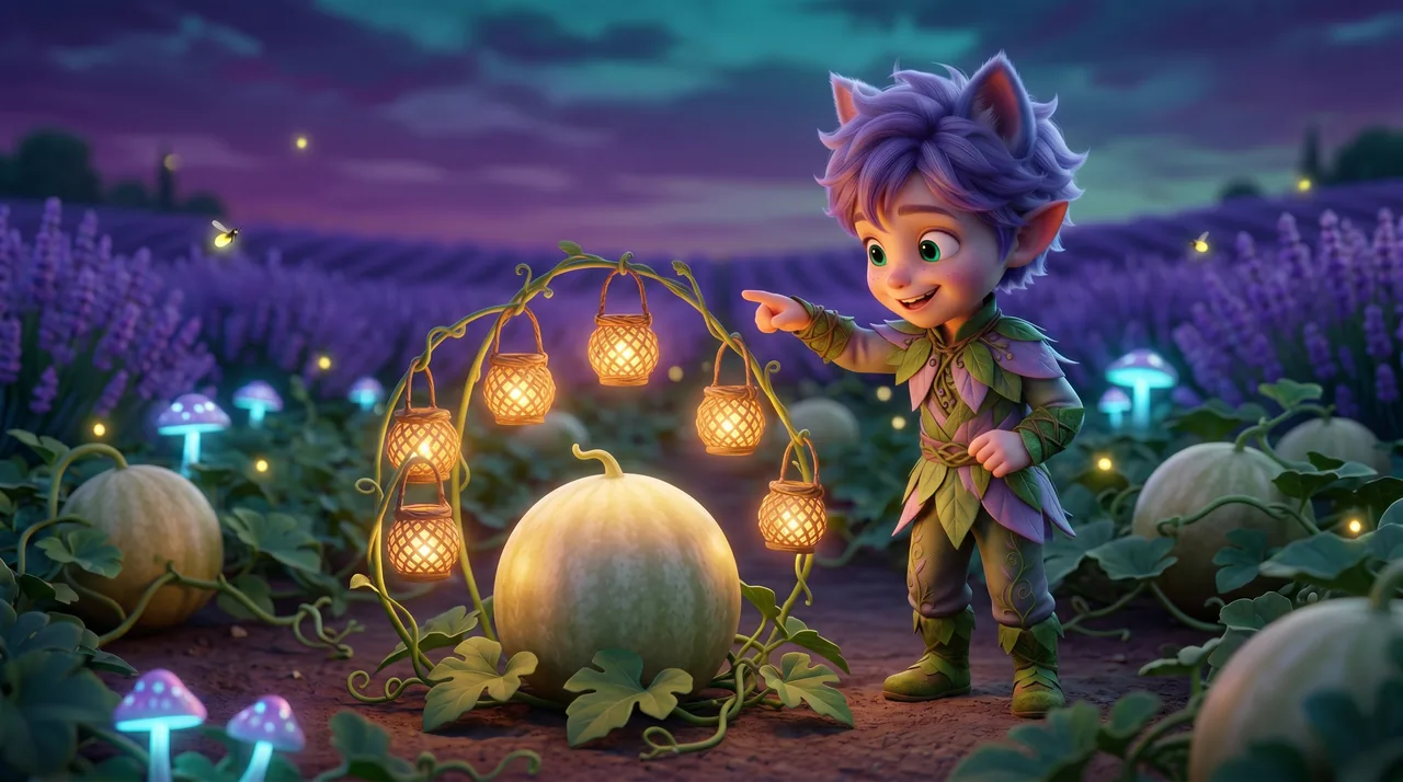 Ori has hung six glowing lanterns in a ring around the moonmelon like a pretend little sun.