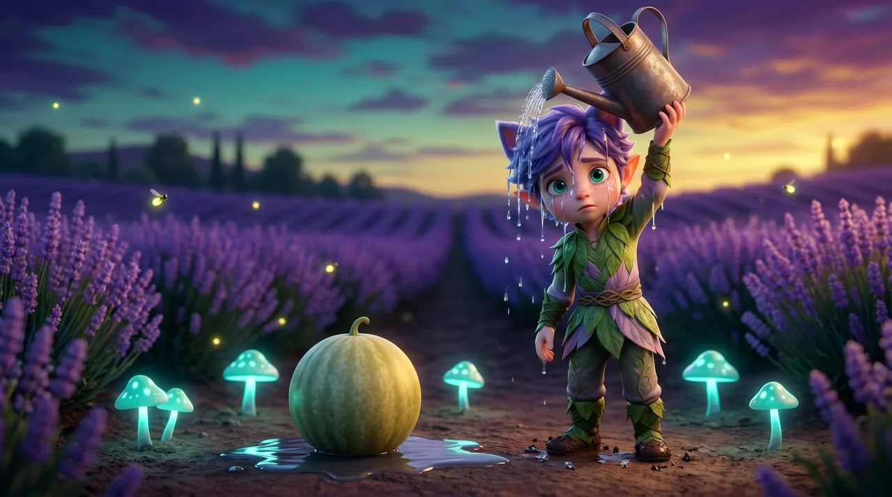 Ori holds a watering can up high and soaks himself instead, dripping in his own little rainstorm. The melon sits in a puddle.