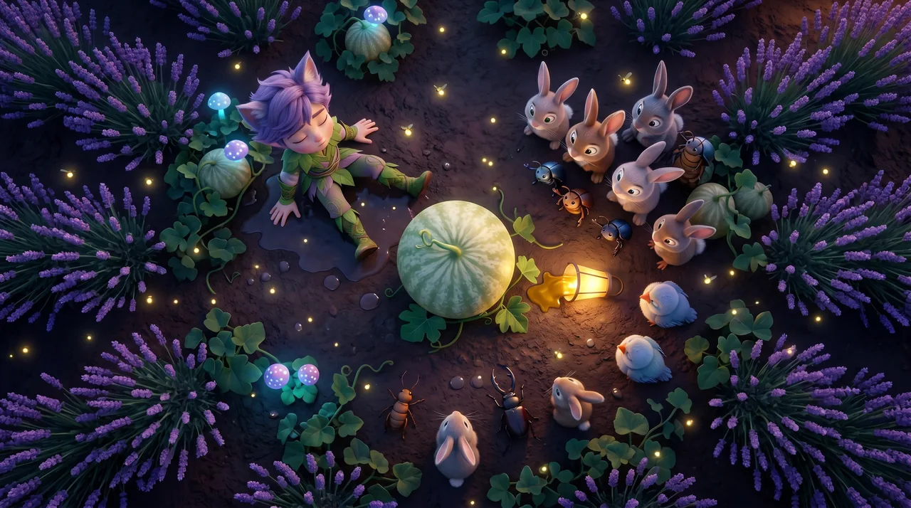 Seen from high above: Ori has flopped down in the dirt, a lantern has tipped over, and rabbits, beetles and sleepy birds sit in a ring around the pale round melon.