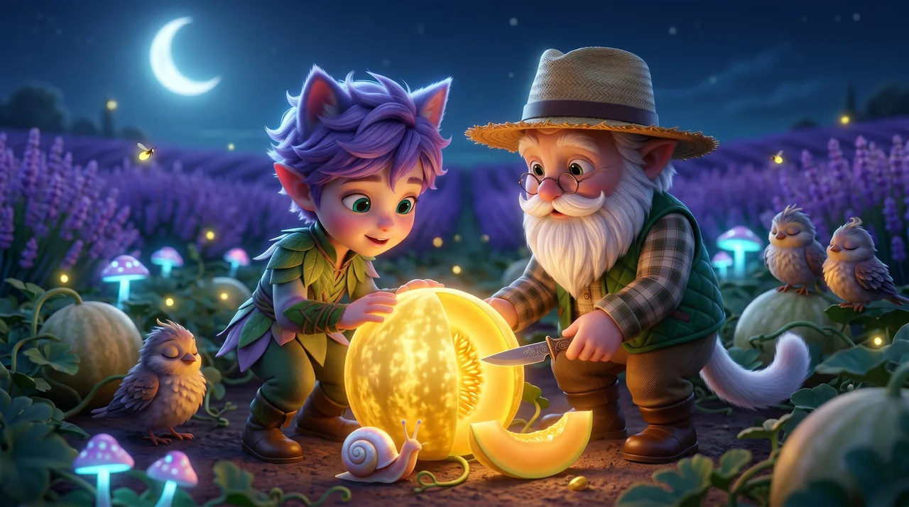 Grandpa Barnaby cuts the glowing melon into golden slices and shares them with Ori, a snail and three sleepy birds.
