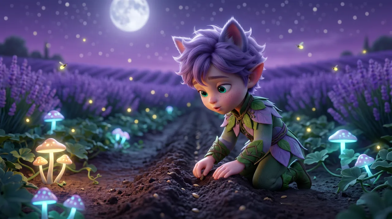 Ori kneels low and tucks new seeds into the dark soil, whispering a gentle good night under the stars.