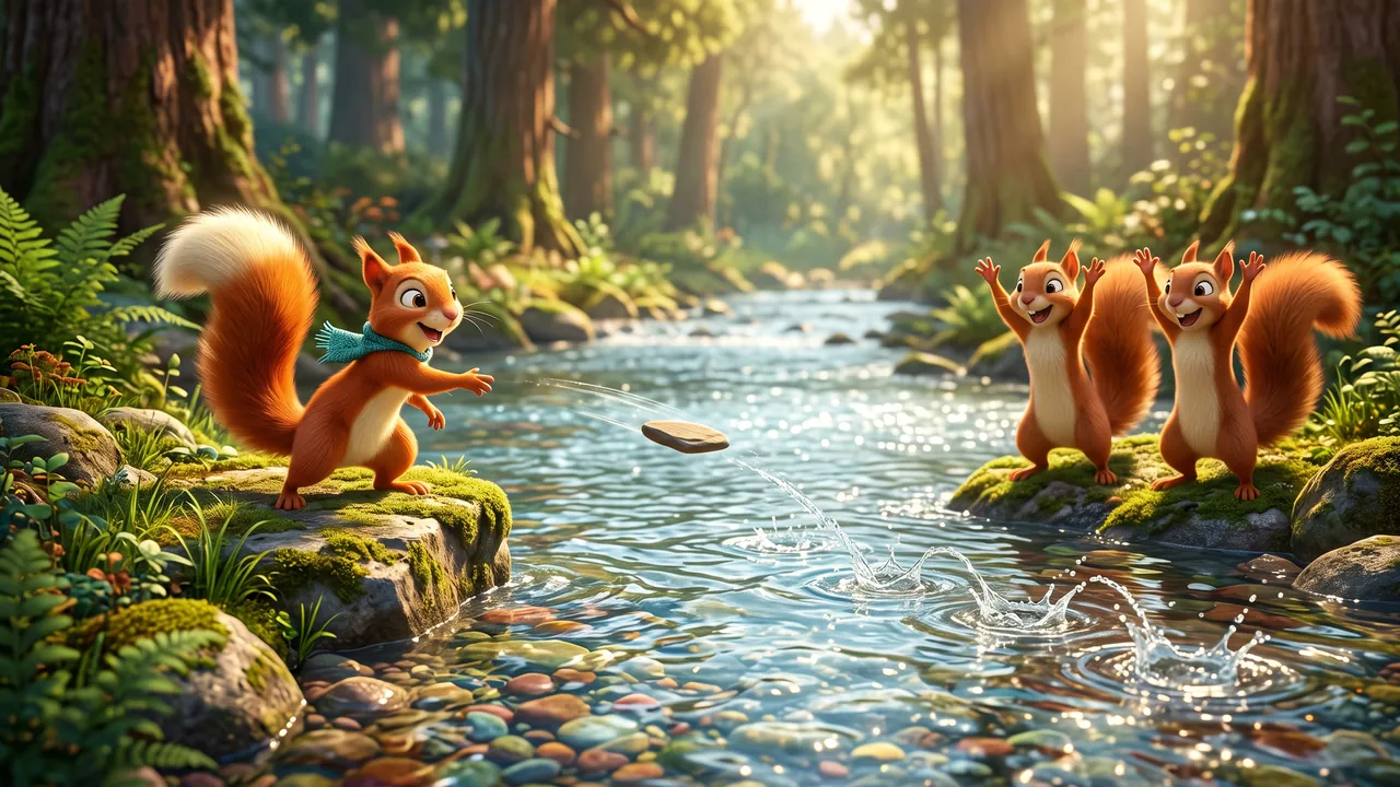 Three red squirrels play a stone-skipping game on the sunlit river bank. Hazel has just flung a flat stone sidearm and it is skipping away across the water leaving a line of little splash rings, while the other two cheer with their paws in the air. Hazel is the one with the cream-white tail tip and the small teal scarf.