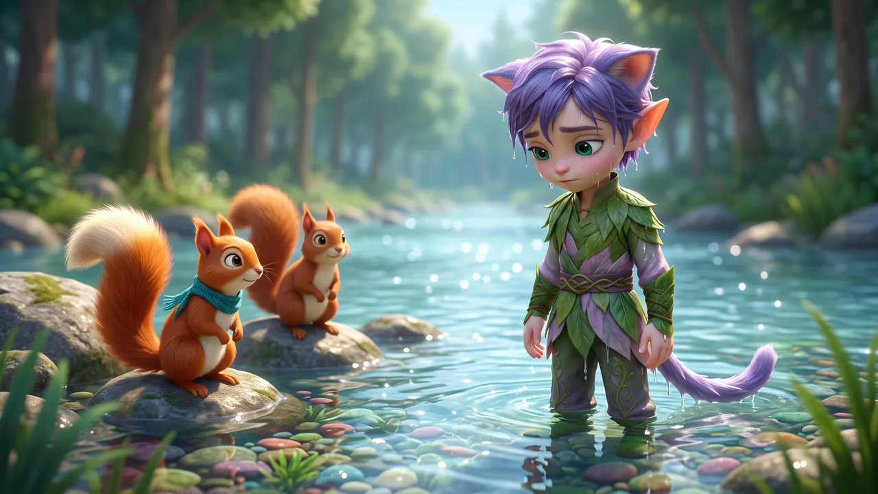 The laughing has stopped. Ori stands quietly in the bright water, soaked, looking down. On a rock the squirrels have gone quiet too and are watching him gently. Hazel is nearest, with her cream-white tail tip and teal scarf.