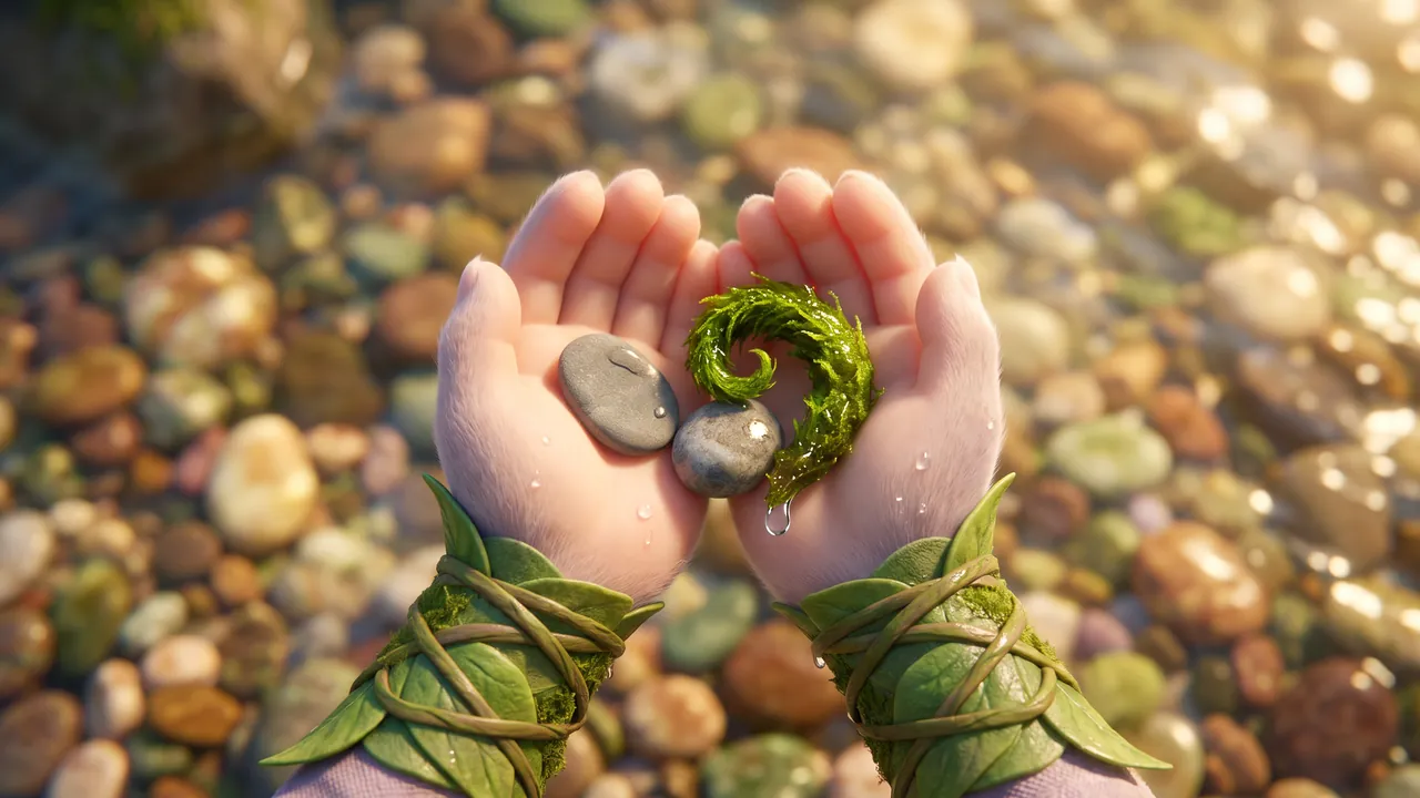 Looking down at Ori's own two cupped hands. In his palms are two smooth grey pebbles and a wet curl of bright green moss with a drop of water still hanging off it. The sunlit river is soft and out of focus below.