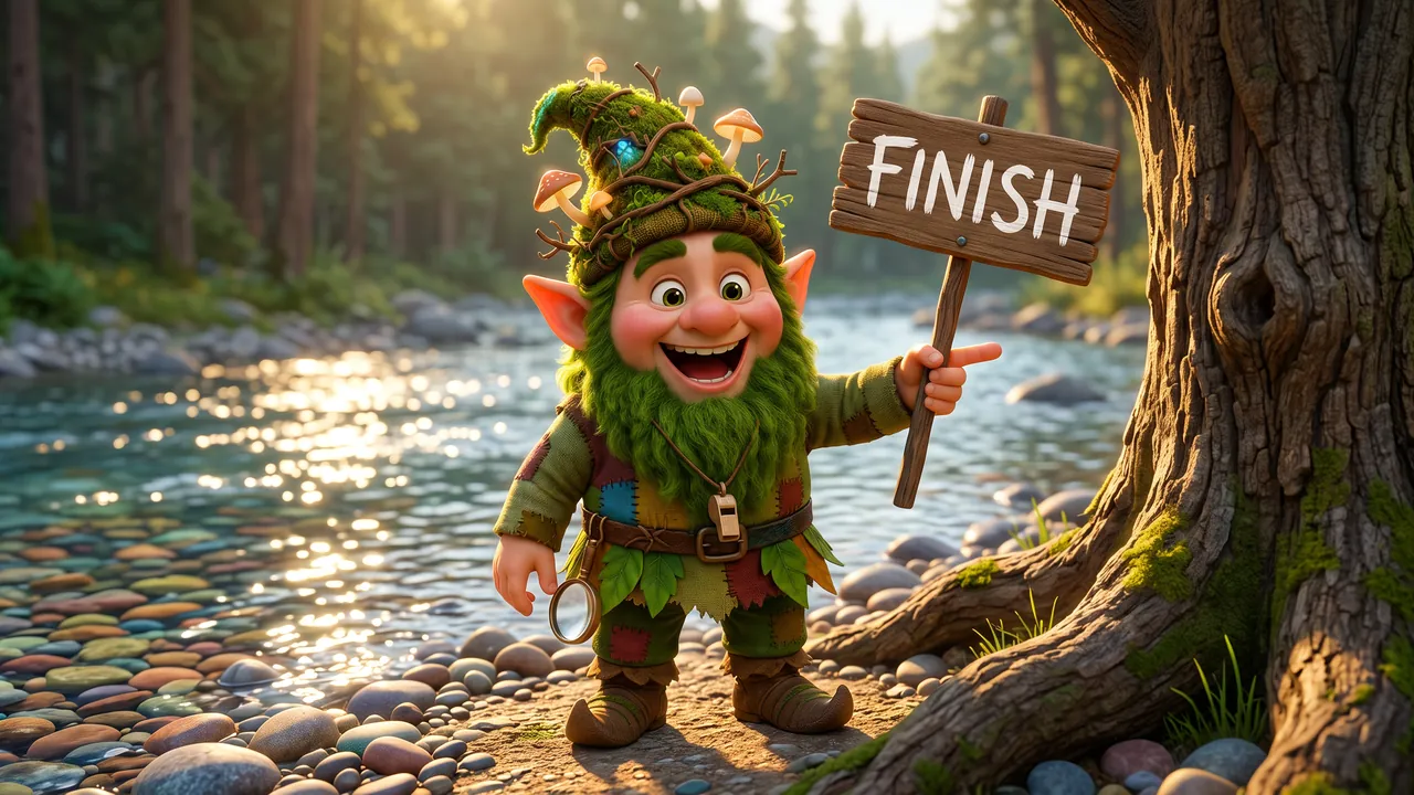 Twillan has spun his wooden signboard around. The back of it reads FINISH, and he is pointing it at the same big tree as before, holding it up proudly and shouting with delight.