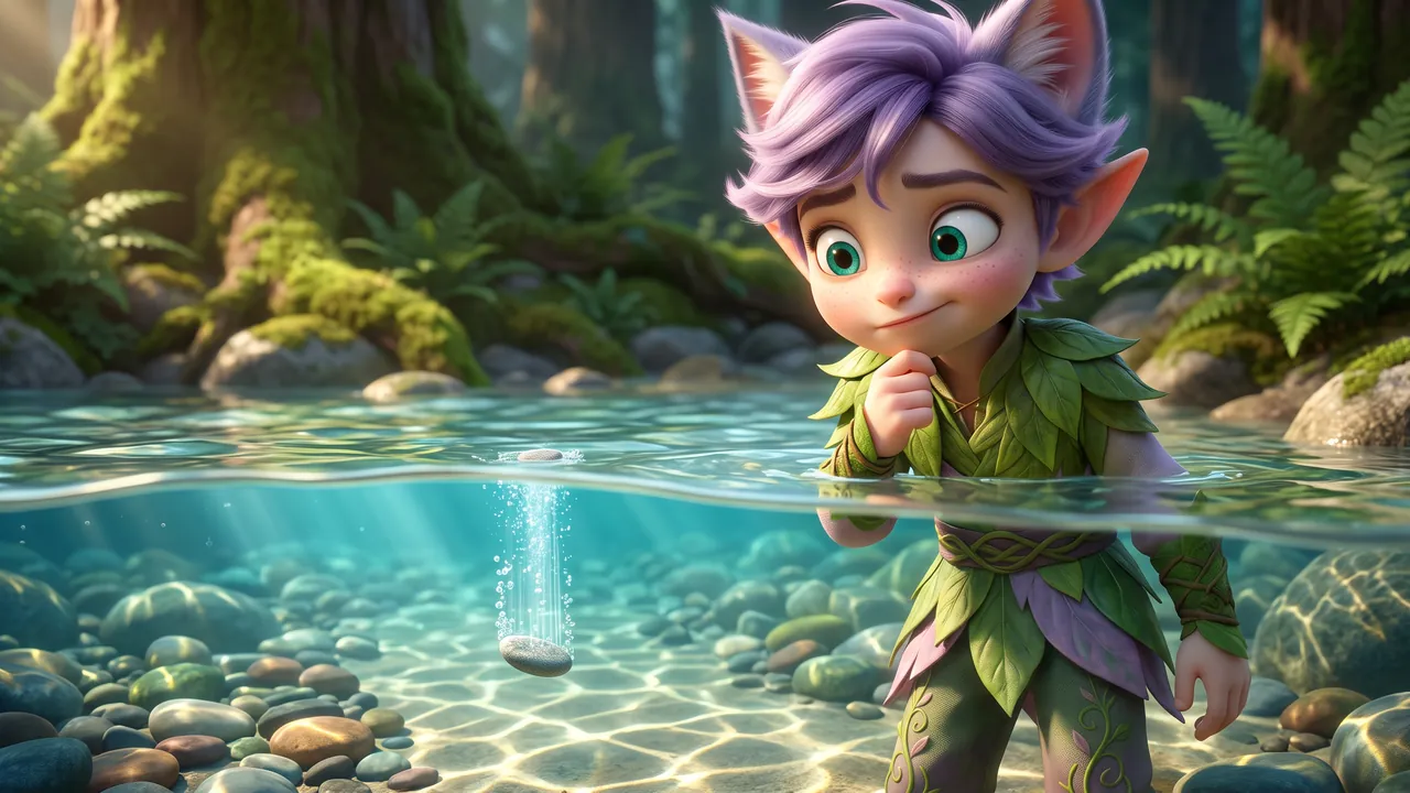 Seen through the clear shallow water, the flat grey pebble sinks straight down towards the coloured stones on the river bed. Above the surface Ori's surprised face looks down after it.