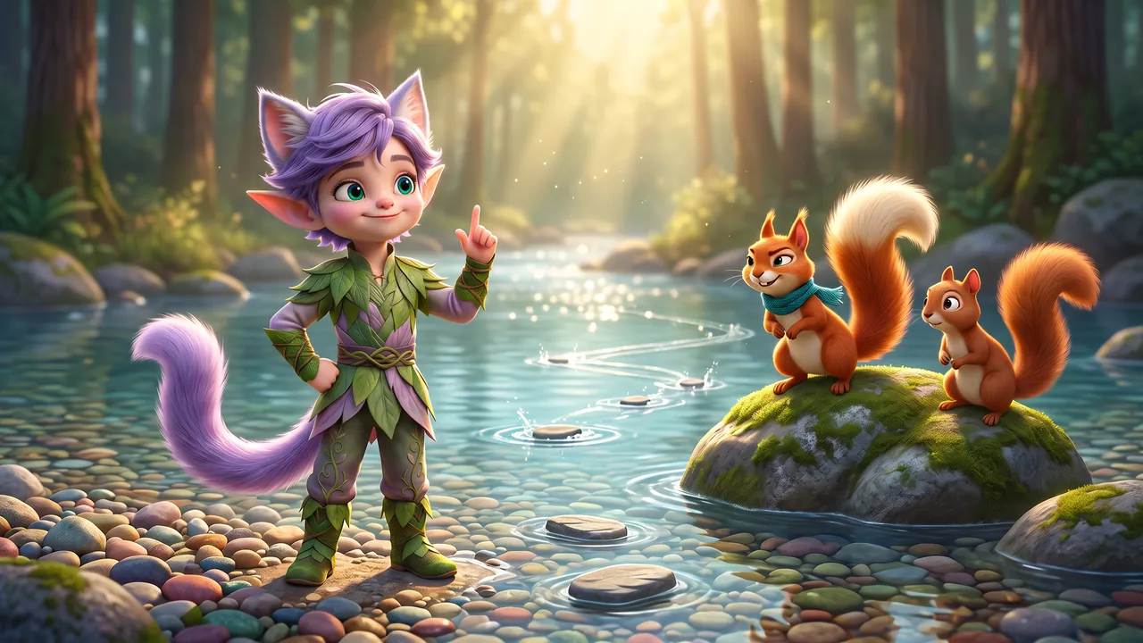 Ori stands up straight with both cat ears high and one finger raised, explaining something, entirely undefeated. Two of his pebbles lie on the river bed in front of him. On a rock sit two squirrels watching their own stones skip; Hazel is nearest, with her cream-white tail tip and teal scarf.