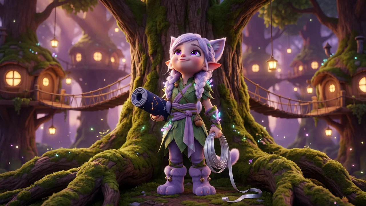 Miri stands at the foot of a huge village oak at dusk with a rolled star-map under one arm and a big coil of silver ribbon in her hand, looking up at how tall the tree is.