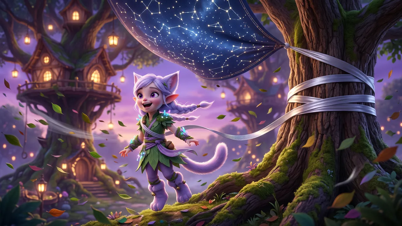 The wind has caught the star-map and it is bellying out overhead like a ship's sail. The long silver ribbon tied to it is being dragged along with it, whipping round and round the oak trunk in loops and winding across Miri's shoulder and waist as it goes. Miri is up on her toes, laughing and startled at once, braids and leaves streaming sideways.
