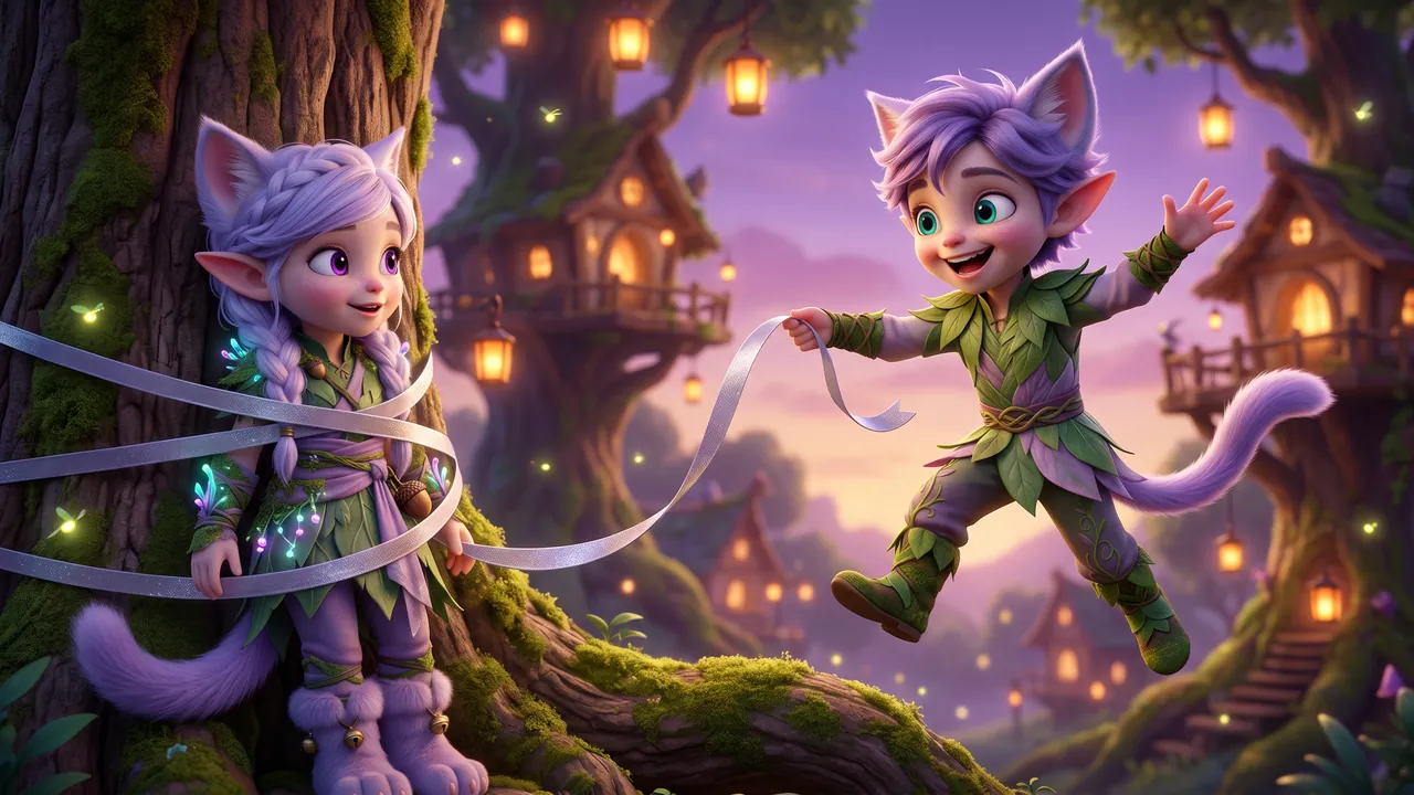 Ori is caught mid-hop, already arriving, grinning wide, reaching for the loose end of the silver ribbon. Miri, still wound against the trunk, watches him come with a small surprised smile.