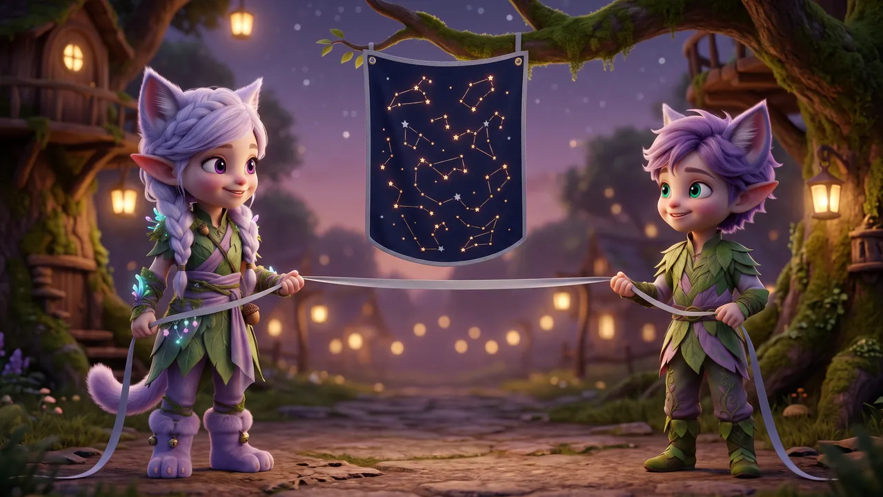 Miri and Ori stand facing each other, one holding each end of the long silver ribbon. For the first time it runs straight and taut between them, with the star-map rising up the oak behind.