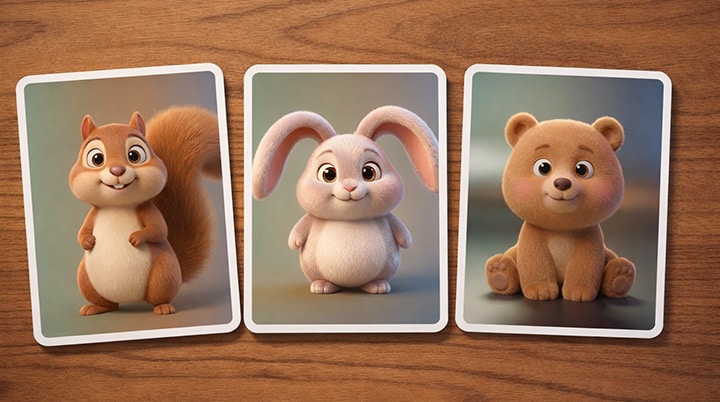 3 Cards Memory Matching Game Cards - Cute Animals
