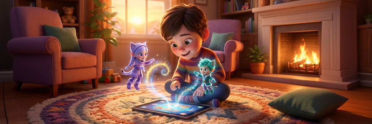 A child happily playing a digital jigsaw puzzle on a tablet, featuring characters from Kittelfdora.