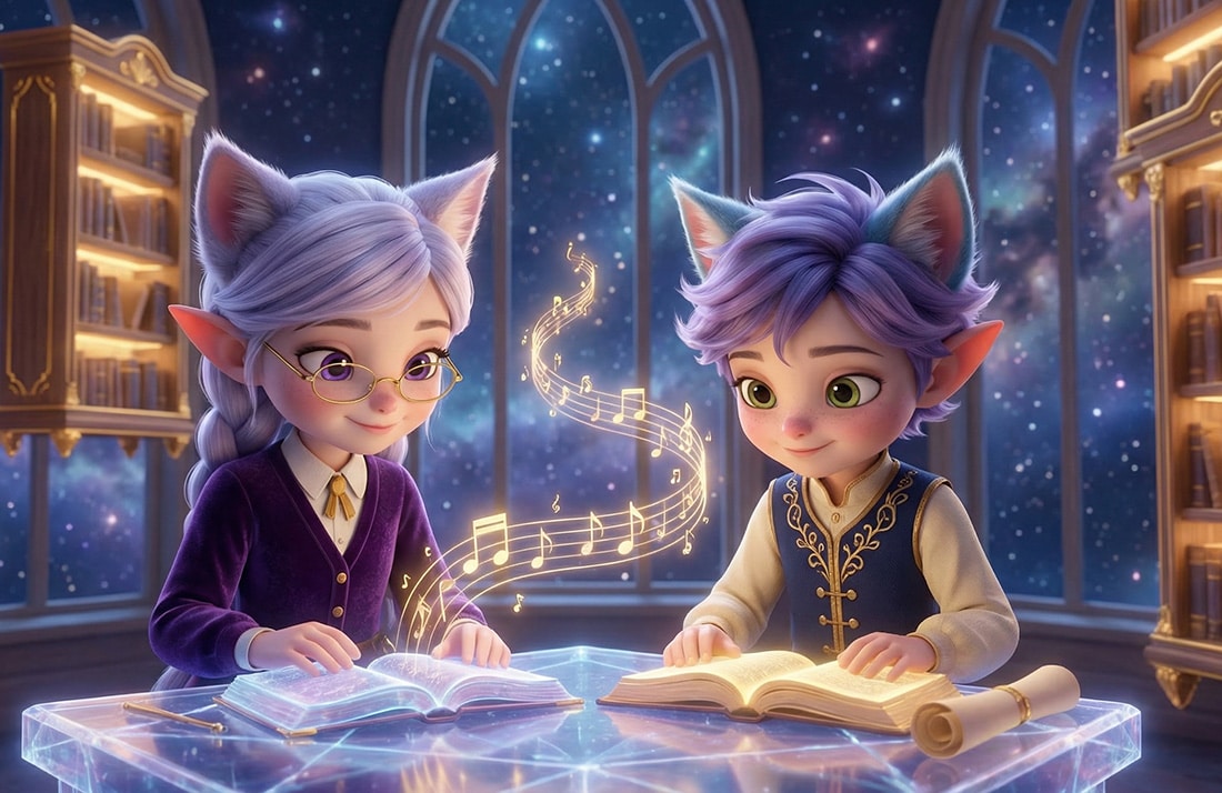 Elfcat characters Miri and Ori in scholarly vests and velvet cardigans, focusing in a magical library. Pixar-style 3D banner for kids' brain power music.