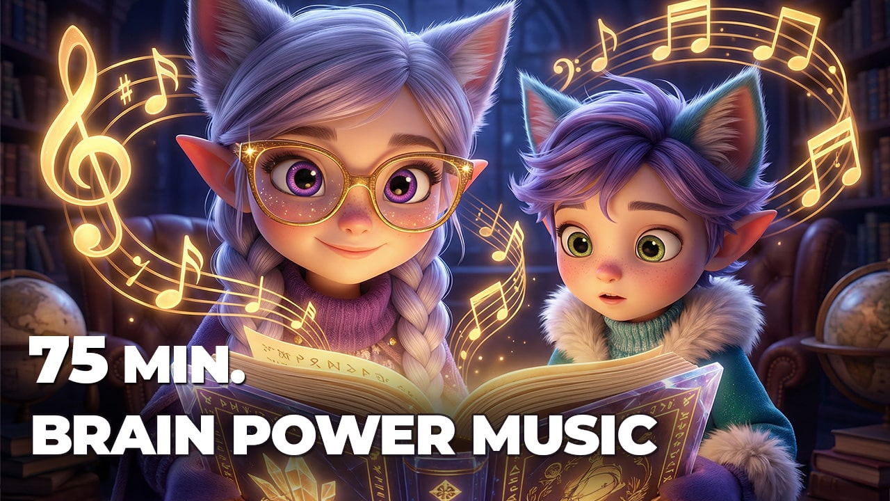 Miri and Ori with large golden glasses focusing on a magical glowing book in a library. Thumbnail for 'Brain Power Music' - 75 minutes of classical music for kids focus
