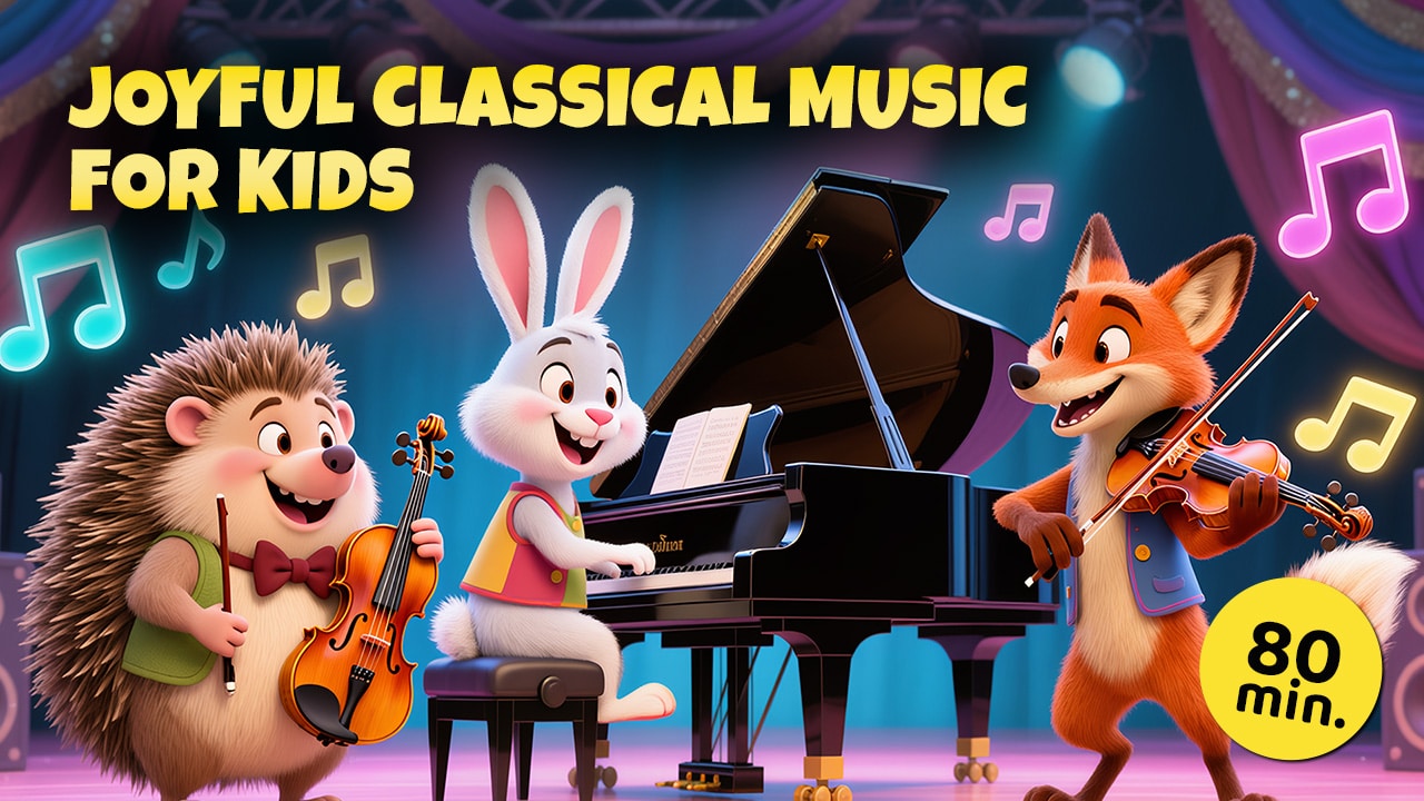 Carnival of Classics thumbnail featuring an animated animal orchestra with a rabbit playing piano, a fox and hedgehog on violins. 80 minutes of joyful classical music for kids by Kittelfdora