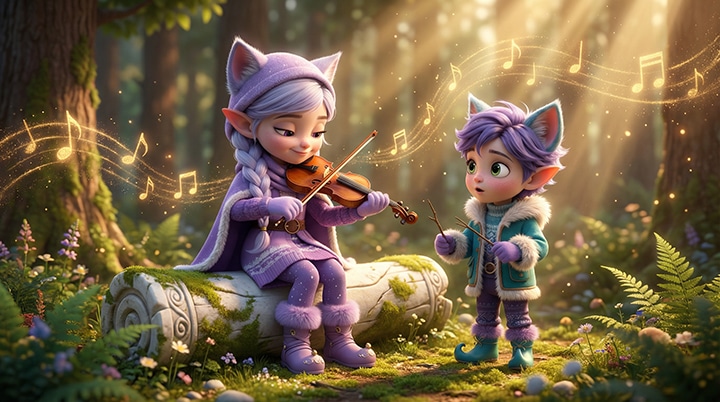 Kittelfdora Kids mascots Miri playing a wooden violin and Ori conducting in a sunlit magical forest, representing classical music for brain development and focus.