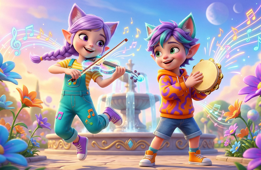 Elfcat duo Miri and Ori in colorful play-clothes and hoodies, dancing with instruments. Pixar-style 3D banner for Joy of Classics kids' music.