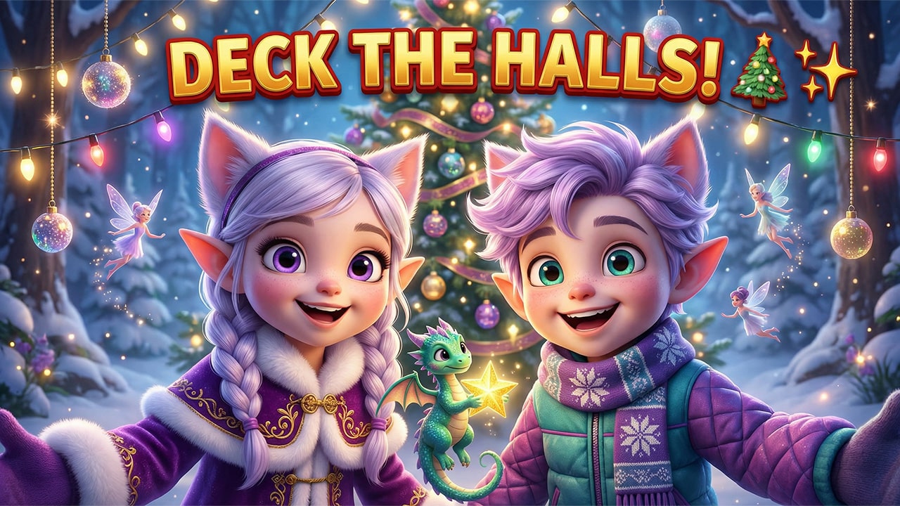 Miri and Ori, the elfcat siblings are out in the forest in front of the Christmas Tree