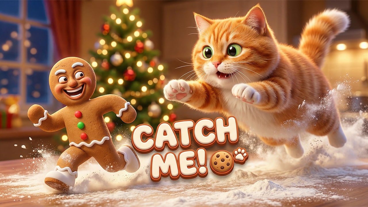 Cute orange Cat Chasing the Gingerbread Man