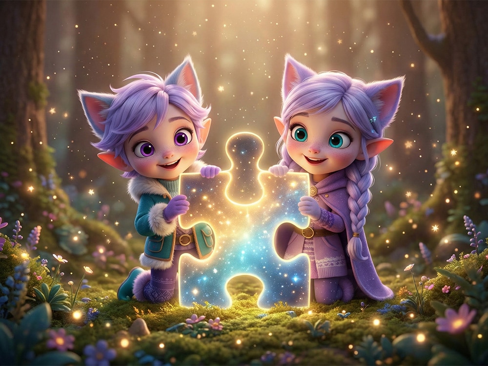 Miri and Ori holding a jigsaw puzzle piece in magical forest